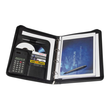 Genie 10742 Porte-documents A4 avec classeur et calculatrice intégrés, plastique résistant aspect cuir avec fermeture Éclair, bl