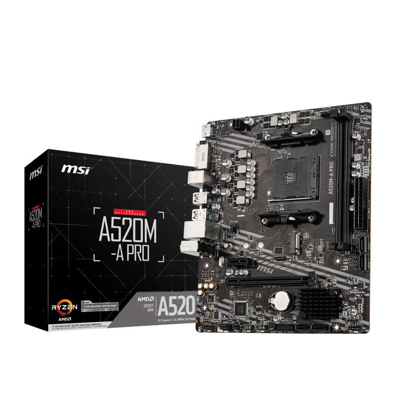 MSI A520M-A Pro Carte-mère Micro-ATX - pour processeurs AMD Ryzen 3è gén, AM4, DDR4 Boost (4600MHz/OC), 1 x PCIe 3.0 x1, 1 x M.2 MSI A520M-A Pro Carte-mère Micro-ATX - pour processeurs AMD Ryzen 3è gén, AM4, DDR4 Boost (4600MHz/OC), 1 x PCIe 3.0 x1, 1 x M.2