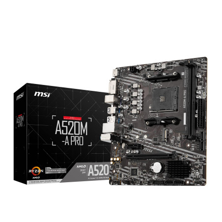 MSI A520M-A Pro Carte-mère Micro-ATX - pour processeurs AMD Ryzen 3è gén, AM4, DDR4 Boost (4600MHz/OC), 1 x PCIe 3.0 x1, 1 x M.2