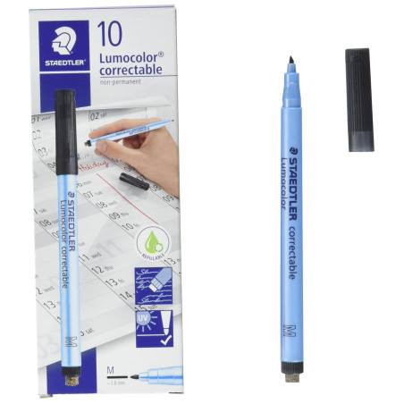Staedtler Lumocolor Correctable 305 - Feutre Non Permanent Effaçable À Sec Pointe Moyenne 1 Mm Noir, lot de 10