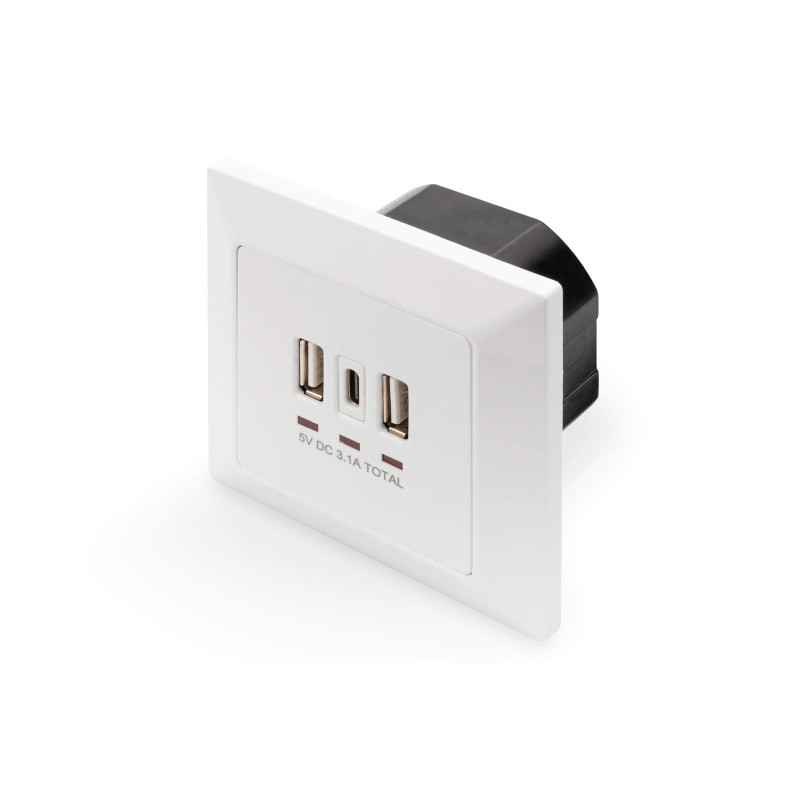 DIGITUS Chargeur USB encastré - 3 prises (2x USB-A & 1x USB-C) - 5V / 3.1A Total - 250V 50Hz - Blanc DIGITUS Chargeur USB encastré - 3 prises (2x USB-A & 1x USB-C) - 5V / 3.1A Total - 250V 50Hz - Blanc