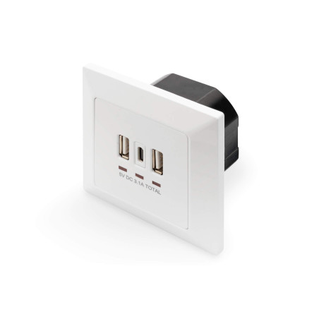 DIGITUS Chargeur USB encastré - 3 prises (2x USB-A & 1x USB-C) - 5V / 3.1A Total - 250V 50Hz - Blanc