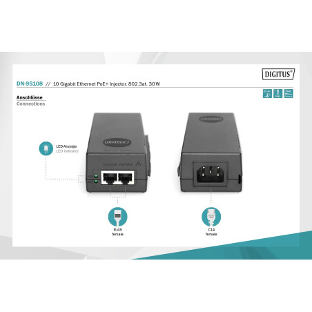 DIGITUS Ethernet PoE+ Injecteur - 10 Gigabit - Budget Power Over Ethernet de 30 W - IEEE 802.3af/at - Détection Automatique des 