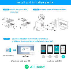 Asustor Lockerstor 2 AS6602T 2 Baies Serveur NAS Bureau Boîtier Quad Core 2.0 GHz CPU, 4 Go RAM DDR4, M.2 NVMe SSD Cache, sans d