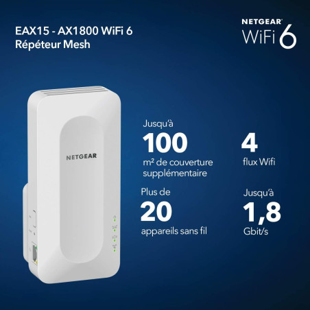 NETGEAR Nouveau Répéteur WiFi 6 Mesh Puissant (EAX15), Amplificateur AX1800, Repeteur Puissant couvre jusqu'à 100 m², Compatible