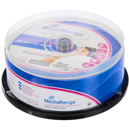 MediaRange Audio CD-R 700 Mo/80 Min 12 Vitesses d'écriture imprimables sur Toute la Surface (Jet d'encre), boîte à Cake 25
