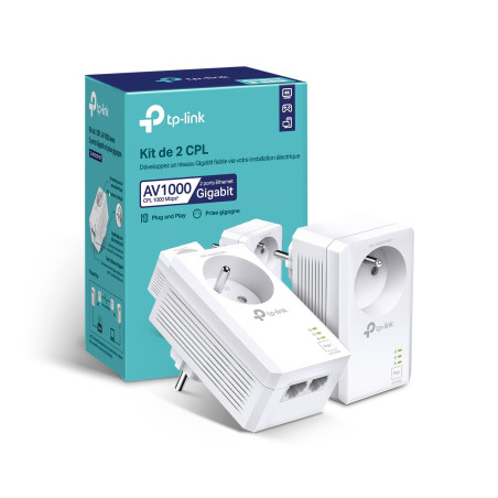 TP-Link CPL 1000Mbps avec 2 Port Gigabit et Prise Intégrée, Boitier CPL Kit de 2 - idéale pour Profiter du Service Multi-TV à la