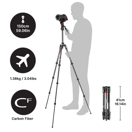 Manfrotto MVKBFRTC-Live Befree Live Trépied de Voyage en Carbone, avec Fermeture Twist, Rotule Fluide MVH400AH, pour Appareils V