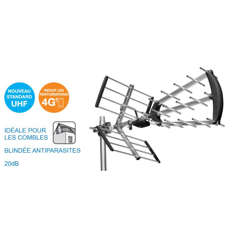 ASTRELL 011034 Antenne d'extérieur TV Trinappe 20dB, Signal Puissant pour Meilleur Qualié de Réception Chaines TNT Télé HD - fil