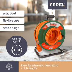 Perel EGCR50N2-G Enrouleur de câble pour Jardin 50 M-3G1.5 Schuko 3200 W
