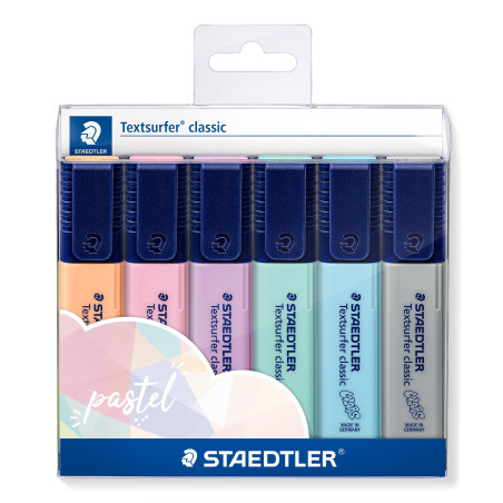 Staedtler Textsurfer Classic, Surligneurs pastel de haute qualité, Pointe biseau de 1 à 4 mm, Étui plastique avec 6 surligneurs