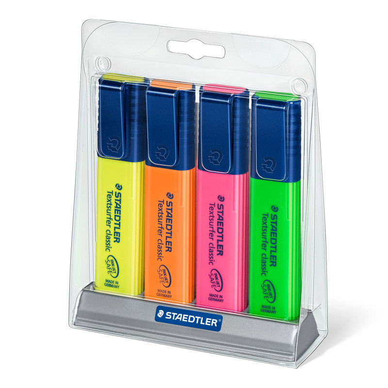 Staedtler 364 SC4 ST Textsurfer classic Set de 4 Surligneurs résistant aux UV pointe biseautée 1 à 5 mm Couleurs Fluos Staedtler 364 SC4 ST Textsurfer classic Set de 4 Surligneurs résistant aux UV pointe biseautée 1 à 5 mm Couleurs Fluos
