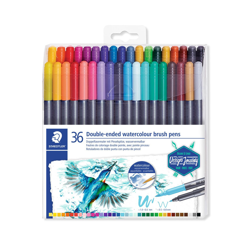 Staedtler Feutres de coloriage aquarellables à double pointe, Pointe pinceau 1-6 mm et pointe fine 0.5-0.8 mm, Étui plastique av Staedtler Feutres de coloriage aquarellables à double pointe, Pointe pinceau 1-6 mm et pointe fine 0.5-0.8 mm, Étui plastique av