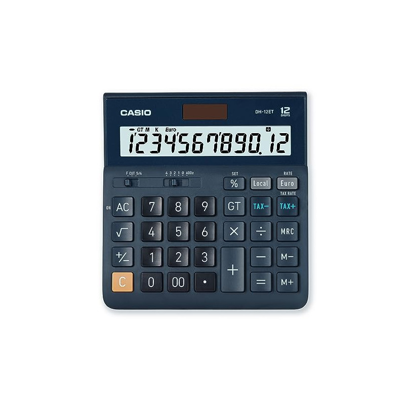 Casio DH12ET Calculatrice de Bureau Calcul de la Taxe à 12 Chiffres Mémoire totale Fonctionnant sur Batterie solaire Noire