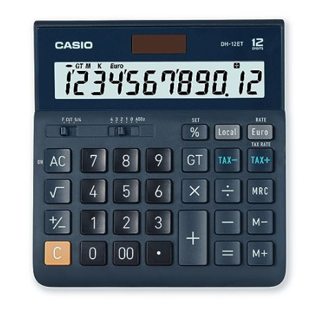 Casio DH12ET Calculatrice de Bureau Calcul de la Taxe à 12 Chiffres Mémoire totale Fonctionnant sur Batterie solaire Noire