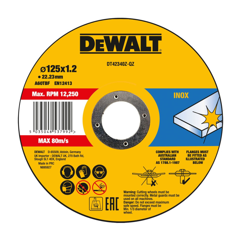 DEWALT Disque à tronçonner 125 x 22.23x 1.2 mm type 1, dt42340 de XJ DEWALT Disque à tronçonner 125 x 22.23x 1.2 mm type 1, dt42340 de XJ