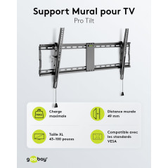 goobay Support TV Mural Inclinable 43-100 Pouces VESA 800x400 Jusqu'à 70 kg Système Click - Pro Tilt XL - 49930