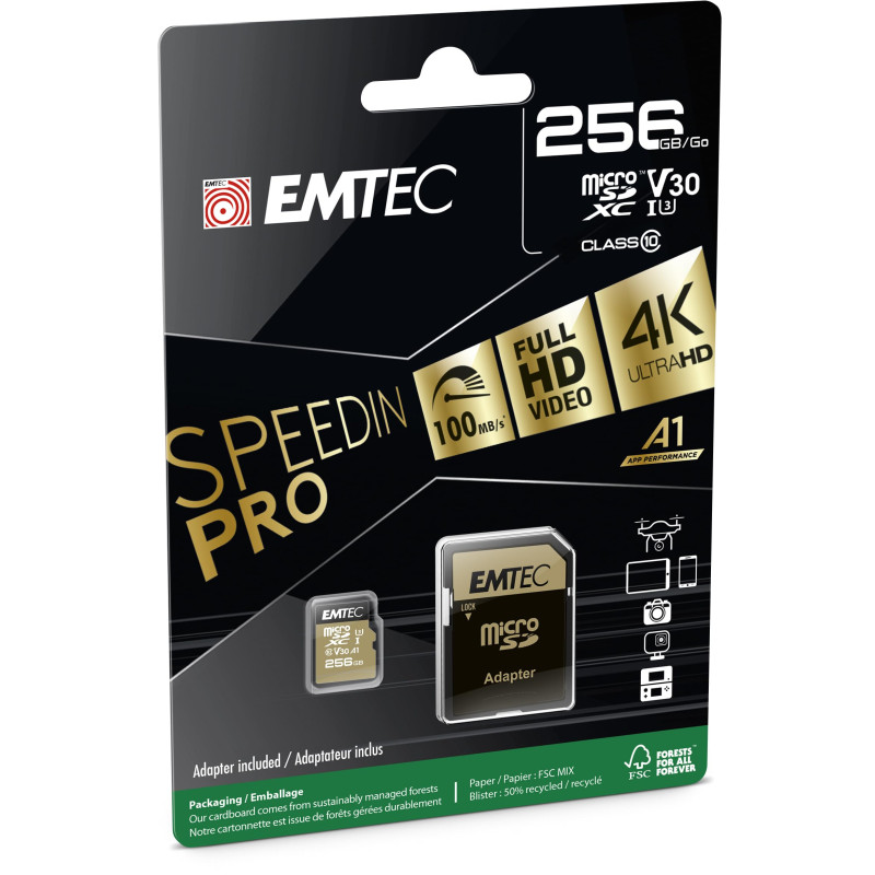 EMTEC - Carte microSD UHS-I U3 V30 A1 - 256 GB, 256 Go - ECMSDM256GXC10SP - Gamme Speedin - Avec adaptateur - Vitesse de lecture EMTEC - Carte microSD UHS-I U3 V30 A1 - 256 GB, 256 Go - ECMSDM256GXC10SP - Gamme Speedin - Avec adaptateur - Vitesse de lecture