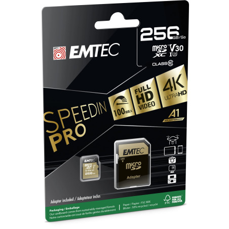 EMTEC - Carte microSD UHS-I U3 V30 A1 - 256 GB, 256 Go - ECMSDM256GXC10SP - Gamme Speedin - Avec adaptateur - Vitesse de lecture