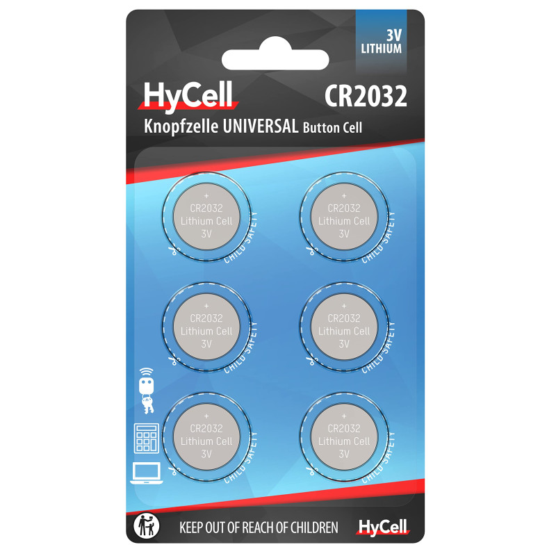 HyCell Lot de Piles Plates CR2032 (6 pces) – Piles Bouton pour clés de Voiture, horloges, bips de Parking, systèmes d'ouverture 