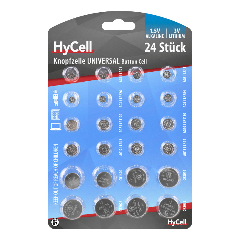 HyCell Jeu économique de 24 Piles Boutons – Set de Piles Contenant Une Paire de Chaque Type (CR2032, CR2025, CR1620, CR2016, LR4 HyCell Jeu économique de 24 Piles Boutons – Set de Piles Contenant Une Paire de Chaque Type (CR2032, CR2025, CR1620, CR2016, LR4