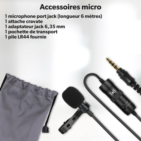 T’NB - Influence Micro Cravate 6 Mètres, Omnidirectionnel, Son 360 Degrés, Attache Cravate, Plug and Play, Compatible Smartphone