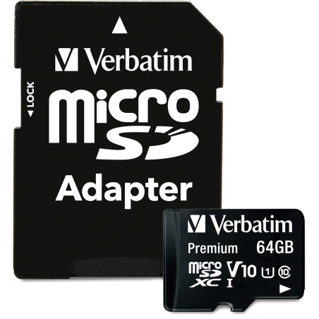 Verbatim 44084 64 Go Carte Mémoire MicroSDXC Classe 10 + Adaptateur Carte SD