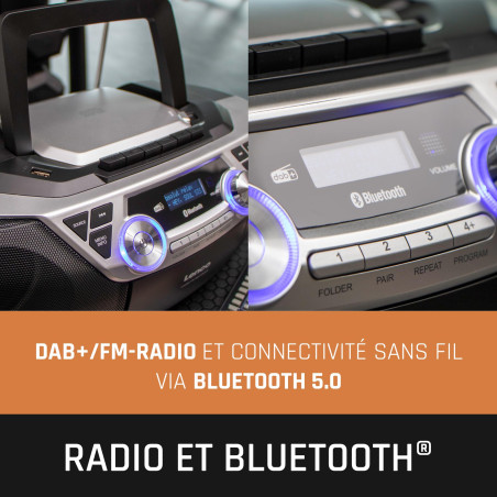 Lenco SCD-720 Boombox Dab+, Bluetooth 5.0, Lecteur CD/MP3, Lecteur de Cassettes, Radio FM, Port USB, 2 x 6 W RMS et Bass Reflex,