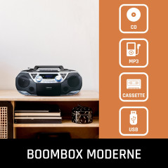 Lenco SCD-720 Boombox Dab+, Bluetooth 5.0, Lecteur CD/MP3, Lecteur de Cassettes, Radio FM, Port USB, 2 x 6 W RMS et Bass Reflex,