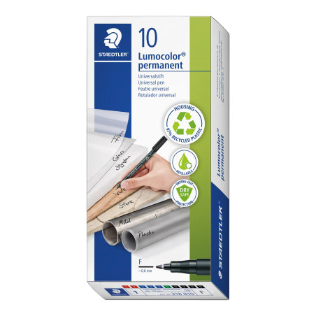 Staedtler Lumocolor Permanent, 10 Feutres Lumocolor Permanent, Couleurs Assorties, Résistant à l'Eau, Pointe de 0.6mm, Fabriqué