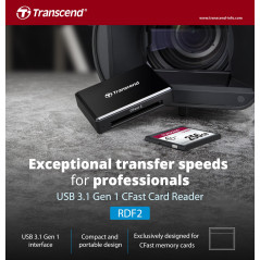 Transcend RDF2 Lecteur de cartes USB 3.1 Gen, idéal pour vidéo haute résolution, transfert d'images brutes et post-production, N