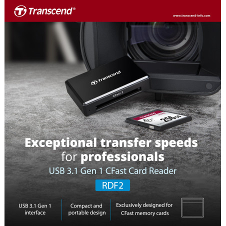 Transcend RDF2 Lecteur de cartes USB 3.1 Gen, idéal pour vidéo haute résolution, transfert d'images brutes et post-production, N