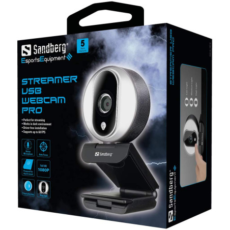 Sandberg Streamer USB Webcam Pro | Caméra de Streaming pour Les appels vidéo de Jeu | Webcam 1080P avec Microphone pour PC MacBo