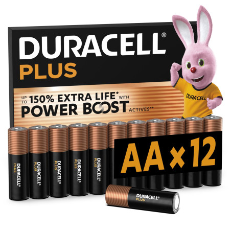 DURACELL Plus Piles AA (Lot de 12) – Piles Alcalines 1,5 V–Durent jusqu’à 150 % plus longtemps grâce aux Actifs POWER BOOST–Fiab