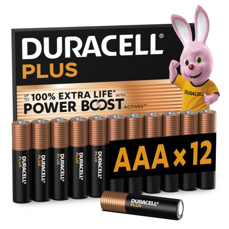 DURACELL Plus Piles AAA (Lot de 12) – Piles Alcalines 1,5 V–Durent jusqu’à 100 % plus longtemps grâce aux Actifs POWER BOOST–Fia