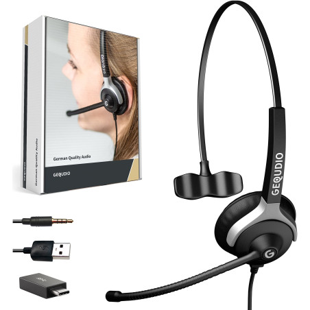 GEQUDIO Casque Filaire avec Embout USB-A Compatible avec PC et Mac - Câble de raccordement Inclus - Très léger: 60g