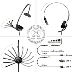 GEQUDIO Casque Filaire avec Embout USB-A Compatible avec PC et Mac - Câble de raccordement Inclus - Très léger: 60g