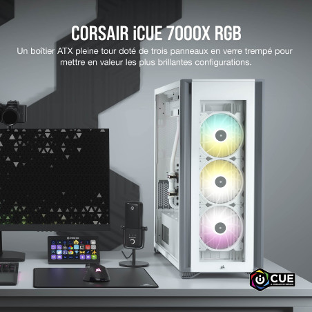 Corsair iCUE 7000X RGB Boîtier Intelligent PC ATX Grande Tour (Trois Panneaux en Verre Trempé, Quatre Ventilateurs RGB de 140 mm