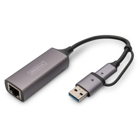 DIGITUS Adaptateur réseau USB - 2,5 Gbit/s - RJ45 vers USB-C 3.1 - Adaptateur de Type A Inclus - Full Duplex - Auto MDI-X - Gris