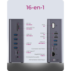 ICY BOX Station d'accueil USB-C (16-en-1) avec 2x HDMI & 1x VGA, Docking Station USB-C pour Ordinateur Portable (Gigabit Etherne