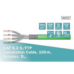 DIGITUS 100 m Cat 8.2 Câble réseau - S-FTP (PiMF) Simplex - BauPVO Dca - LSZH Sans halogène - 2000 MHz Cuivre AWG 22/1 - Compati