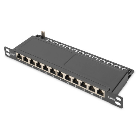 Panneau de Brassage Cat 6A, blindé, 12 Ports 1/2U, 10", Montage en Rack, Noir RAL 9005