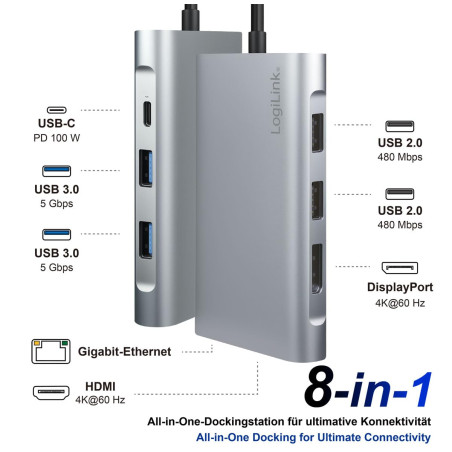 LogiLink UA0382 - Station d'accueil USB 3.2 (Gen 1) avec 8 Ports et PD (Power Delivery) 100 W, 1 Port USB-C (PD), 2 Ports USB 3.