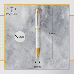 Parker IM stylo plume | Laqué perle Premium avec attributs dorés | Pointe moyenne avec cartouche d’encre bleue | Coffret cadeau