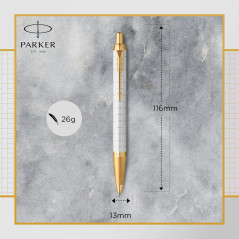 Parker IM stylo bille - Laqué perle Premium avec attributs dorés - Pointe moyenne avec recharge d’encre bleue - Coffret cadeau