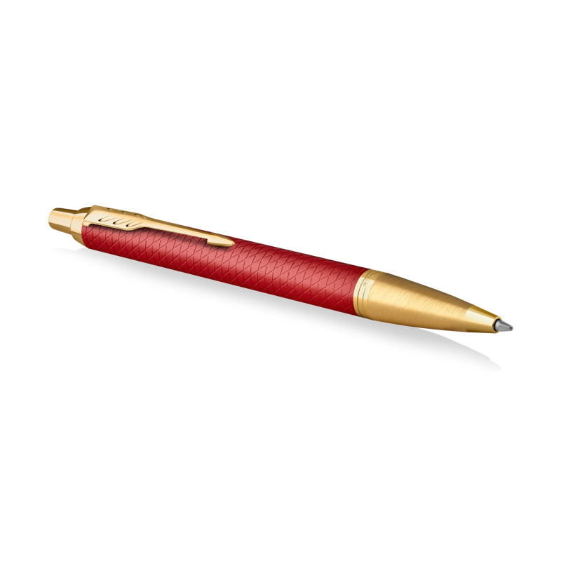 Parker IM stylo bille - Laqué rouge Premium avec attributs dorés - Pointe moyenne avec recharge d’encre bleue - Coffret cadeau