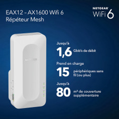 NETGEAR Répéteur WiFi 6 Mesh (EAX12), Amplificateur AX1600, Puissant couvre jusqu'à 80 m², 1.6 Gbps, Extender compatible toutes