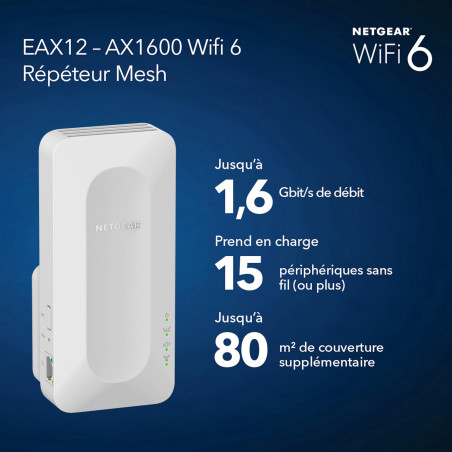 NETGEAR Répéteur WiFi 6 Mesh (EAX12), Amplificateur AX1600, Puissant couvre jusqu'à 80 m², 1.6 Gbps, Extender compatible toutes