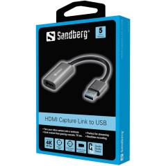 Sandberg Adaptateur HDMI Capture Link vers USB, 4K HDMI vers USB-A, Full HD 1080p 30FPS, Capture Vidéo pour Streaming et Enregis