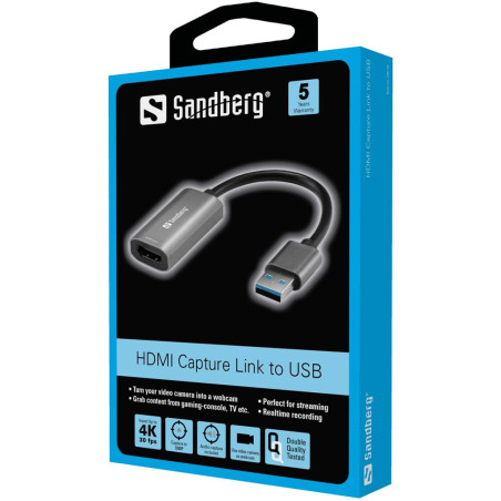 Sandberg Adaptateur HDMI Capture Link vers USB, 4K HDMI vers USB-A, Full HD 1080p 30FPS, Capture Vidéo pour Streaming et Enregis